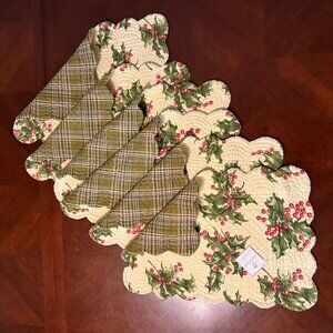 Set Of 4 Holly & Plaid Patterns Reversible April Cornell Quilted Placemats